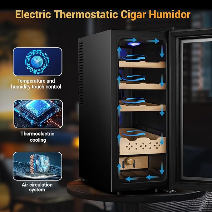 Cigar Electric Humidor, 35L 250 Counts Large Capacity Thermostatic Electric Cigar Cooler Cabinet with Digital LED Screen, Safety Lock,Smart Humidity & Temp Control, Gifts for Men - Image 3