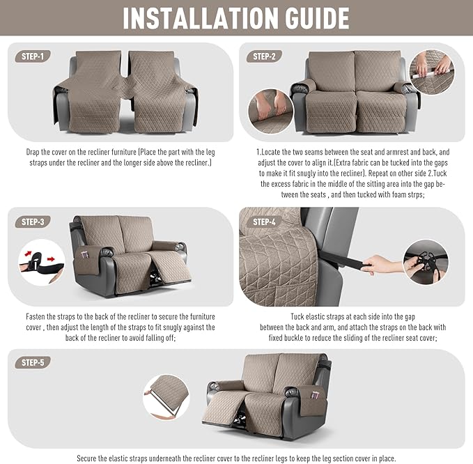 TAOCOCO 100% Waterproof Recliner Cover, Non-Slip Washable Reclining Couch Cover with Elastic Leg Straps, Furniture Protector for Dogs (Taupe, 2 Seater) - Image 7