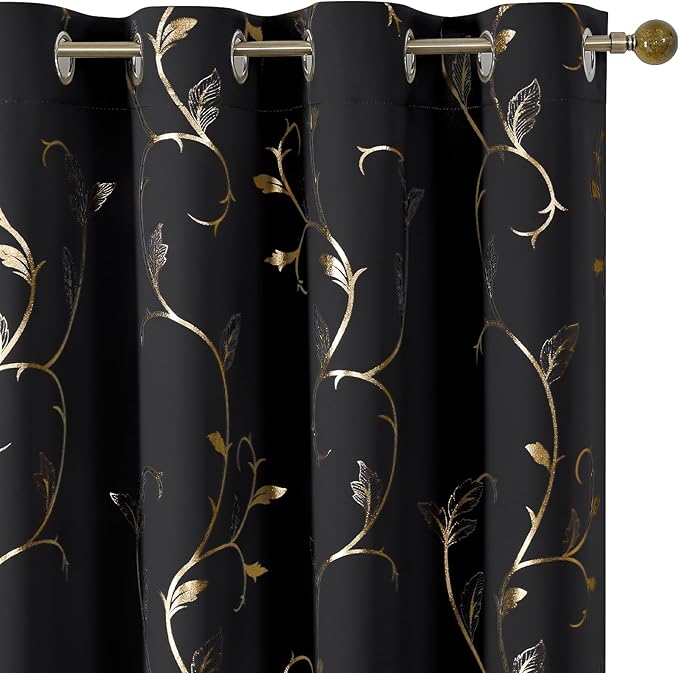 BUHUA Black Blackout Curtains with Gold Wave Line Foil Design,Room Darkening Curtains 84 Inches Long,Noise Reducing Blackout Drapes,Sliding Door Curtains Thermal for Living Room 2 Panels Set,52W×84L by BUHUA