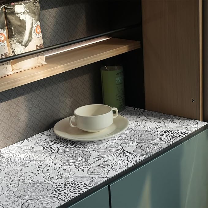Floral Drawer and Shelf Liner for Kitchen 12IN x 20FT, Non-Adhesive and Strong Non-Slip Cabinet Drawer Liners, Waterproof Thickened Shelf Liner,Easy to Clean,Black and White - Image 7
