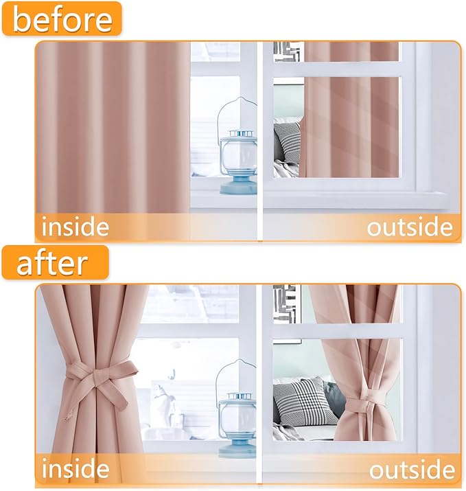 Hiasan Blackout Curtains for Bedroom, 52 x 63 Inches Length - Thermal Insulated Light Blocking Window Curtains for Living Room, 2 Drape Panels Sewn with Tiebacks, Blush - Image 5