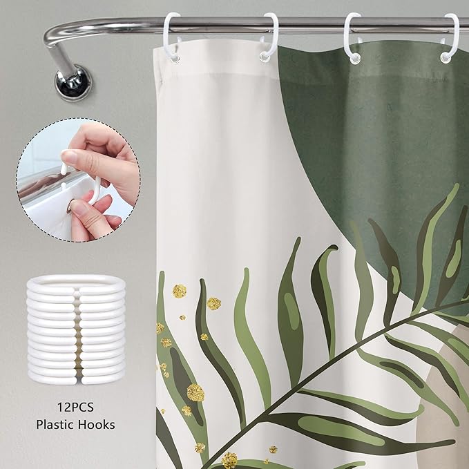 Green Boho Shower Curtain Extra Long Modern Abstract Bohemian Green Gold Minimalist Leaves Mid Century Arch Bathroom Decor Geometric Plant 72Wx84H Bath Curtain Fabric Polyester 12 Pack Hooks - Image 6