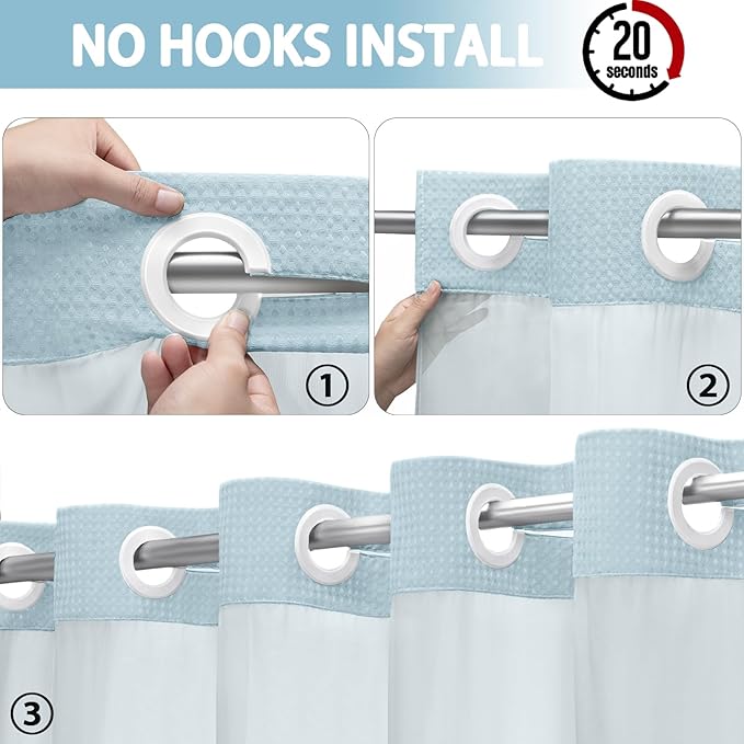 No Hook Shower Curtain and Liner Set,Teal Hotel Waffle Shower Curtain with Liner 75" L x 72" W - Image 2