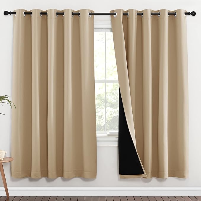 NICETOWN Living Room Completely Shaded Draperies, Privacy Protection & Noise Reducing Ring Top Drapes, Black Lined Insulated Window Treatment Curtain Panels(Biscotti Beige, 2 Pieces, W70 x L72) - Image 2
