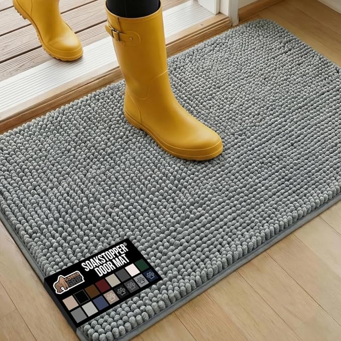 GORILLA GRIP SOAKSTOPPER Dog Door Mat, 35x24 Machine Washable Rug Absorbent Doormat Captures Moisture Mud Dirt, Quick Dry Soft Chenille Entryway Rugs Indoor Entrance Mats for Dog Paws, Grey by GorillaGrip