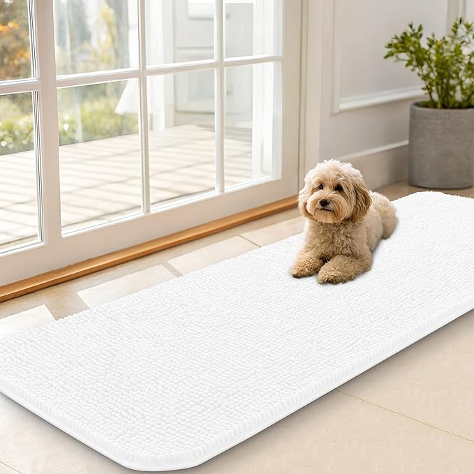 OLANLY Dog Door Mat for Muddy Paws 59x20, Absorbs Moisture and Dirt, Absorbent Non-Slip Washable Doormat, Quick Dry Chenille Mud Mat for Dogs, Entry Indoor Entryway Carpet for Inside Floor, White by OLANLY