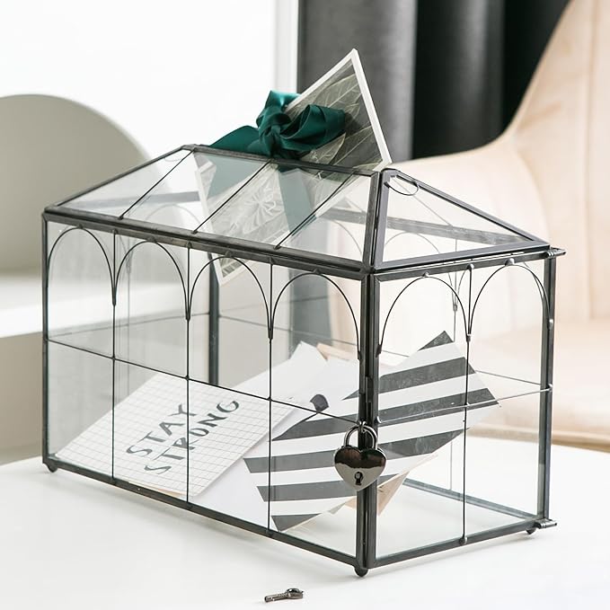 Wedding Card Box with Slot, 12.6'' Large Glass Card Boxes for Reception, Black Geometric Holder, Clear Decorative Storage Box with Lock for Baby Shower, Birthday Party, Christmas, Bridal Shower - Image 8