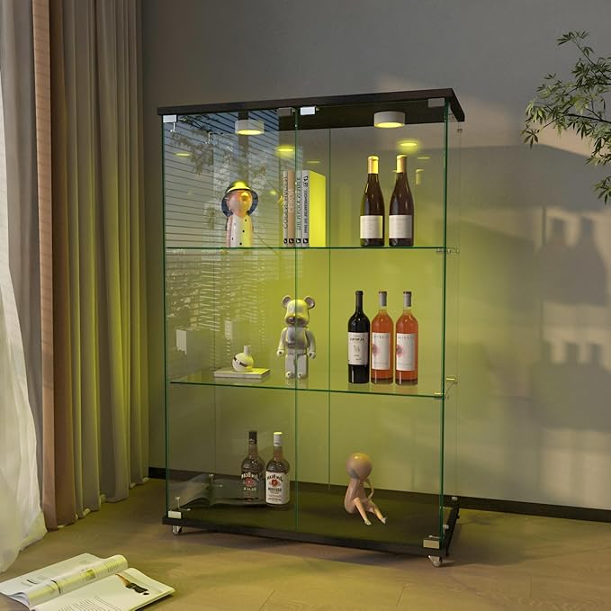 Yoluckea 3-Shelf Glass Display Cabinet with LED Lights, 2-Door Floor Standing Curio Cabinet with Universal Wheel for Home or Office, Black Glass Bookshelf for Collections, Decor, and Corner Display by Yoluckea
