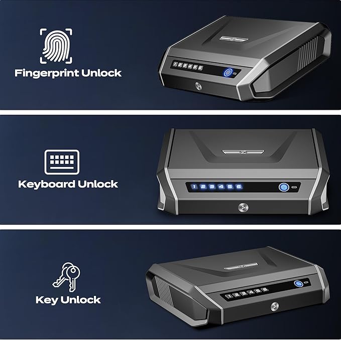 Gun Safe with LCD Display, ≤0.1s Quick Access Handgun Safe for 2-4 Pistols, Hand Gun Lock Box with Fingerprint | Keypad | and Keys for Home Drawer Bedside Nightstand - Image 4