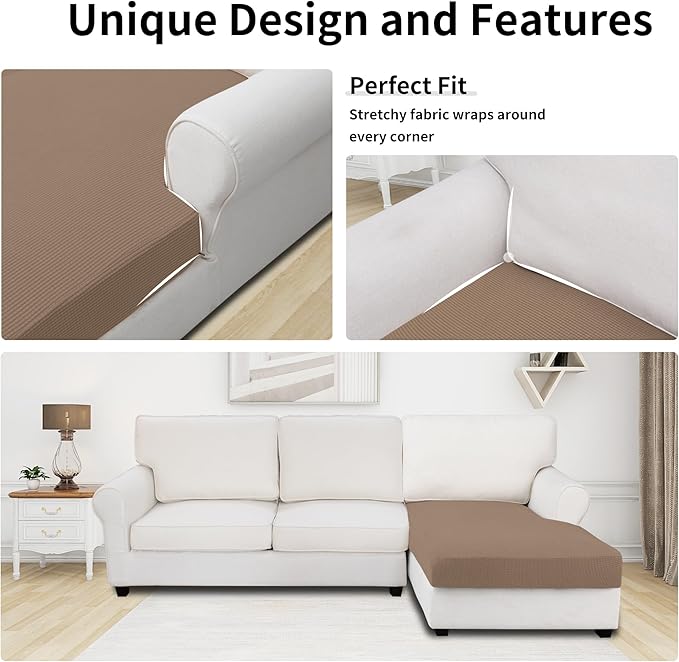 Easy-Going Stretch Sectional Couch Covers 1 Piece Chaise Lounge Slipcover L Shape Separate Cushion Couch Seat Chaise Cover for Both Left/Right Sectional Couch Camel - Image 3