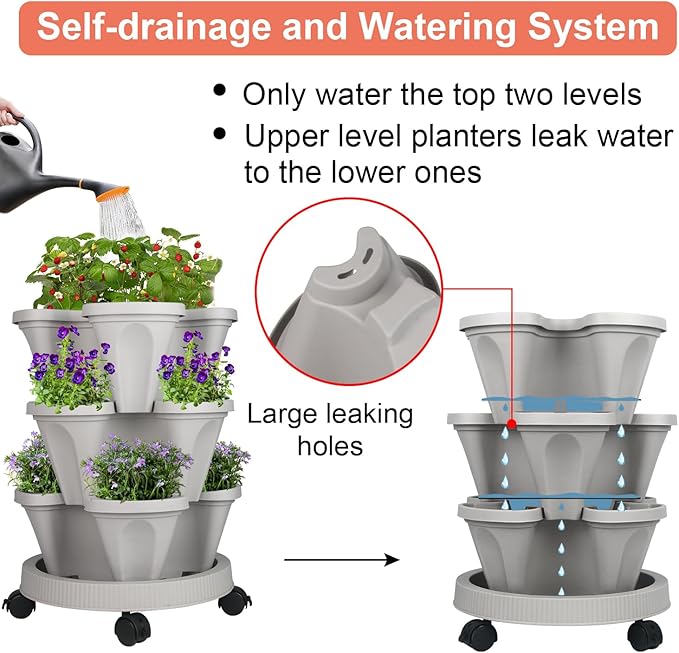 GameXcel Vertical Planter 3 Tier Stackable Planters Garden Planters Strawberry Herb Flower and Vegetable Planter Indoor Outdoor Gardening Pots with Removable Wheels and Tools - Image 4