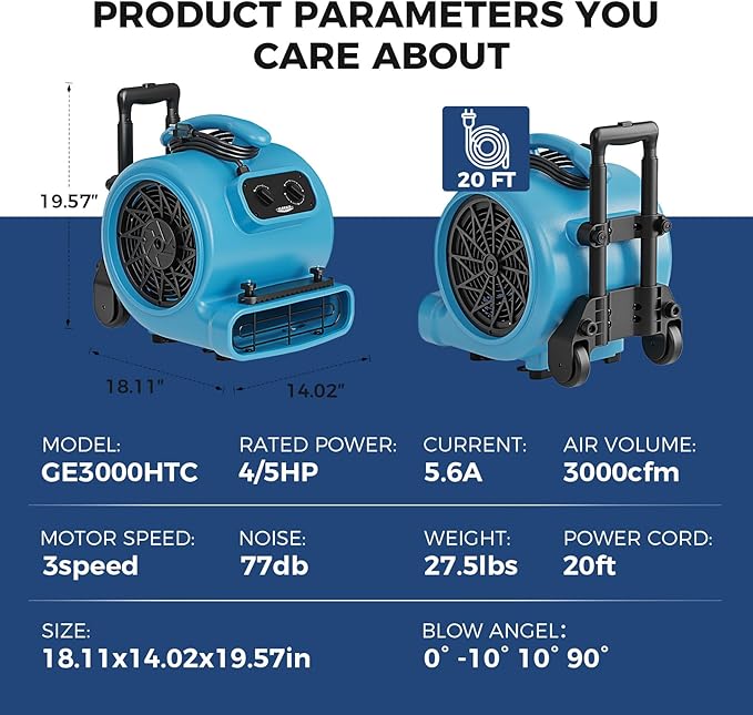 ALORAIR 3000 CFM Air Mover Blower Fan for Industrial, Floor Drying Fan, Carpet Dryer - Timer, Handle Wheelkit, Carpet Buckles, Stackable, for Water Damage Restoration and Plumbing - GE3000HTC - Image 9