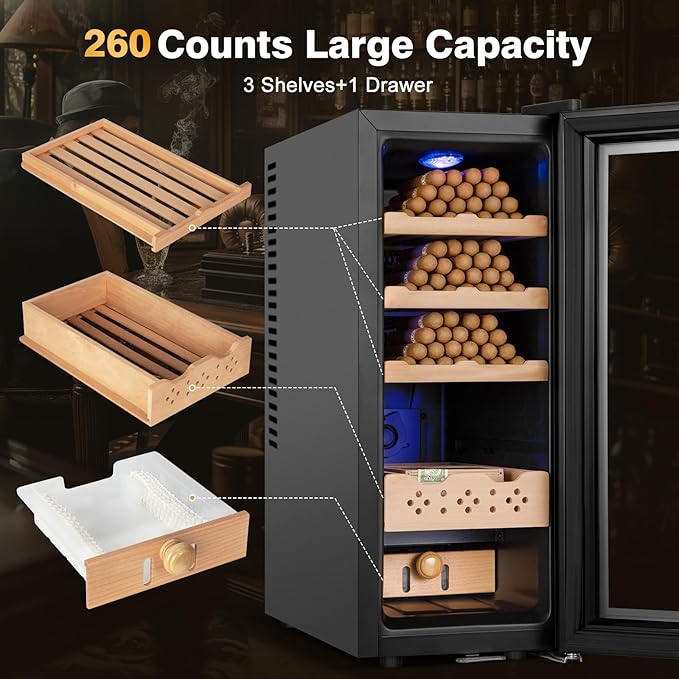 Electric Cooler Cabinet 35L with Temperature and Humidity Control, Spanish Cedar Wood Shelves and Safety Lock (300 Counts Capacity), Gift for Men - Image 5