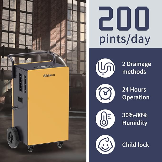 Shinco Commercial Dehumidifiers with Pump, 200 Pints Industrial Dehumidifier for Crawl Spaces, Basements Warehouse and Large Spaces up to 8,000 Sq Ft - Image 2