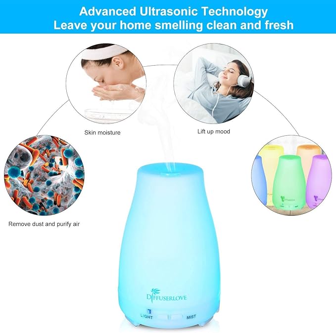 Diffuserlove 2 Pack 200ml Essential Oil Diffuser Ultrasonic Aromatherapy Diffuser with Waterless Auto Shut-Off Aroma Cool Mist Humidifiers with 6 Bottles of Natural Essential Oils /7 Color LED Lights - Image 3