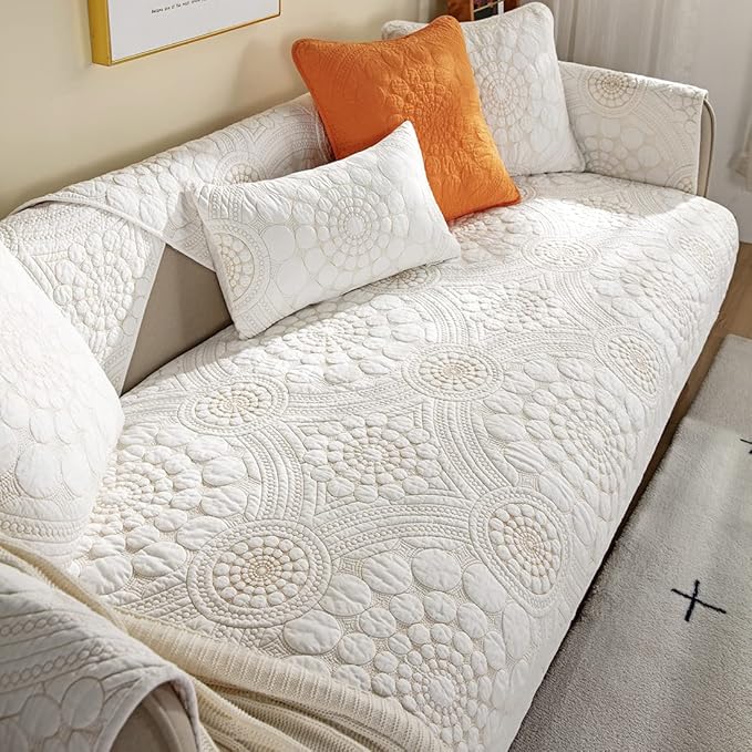 vctops Boho Circle Embroidery Couch Sofa Cover Solid Color Cotton Quilted Non-Slip Sectional Couch Covers Sofa Slipcover for Dogs, Children, Pets Furniture Protector (White,28"x28") - Image 4