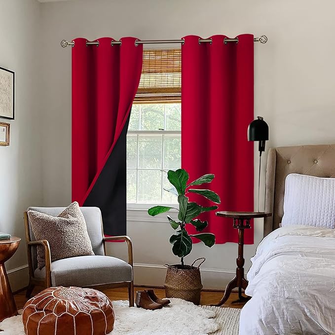 BGment Christmas 100% Blackout Curtains Thermal Insulated with Liner for Living Room Decoration - Grommet Double Layer Energy Saving Bedroom Curtain Drapes (42 x 63 Inches, Red, 2 Panels) - Image 2