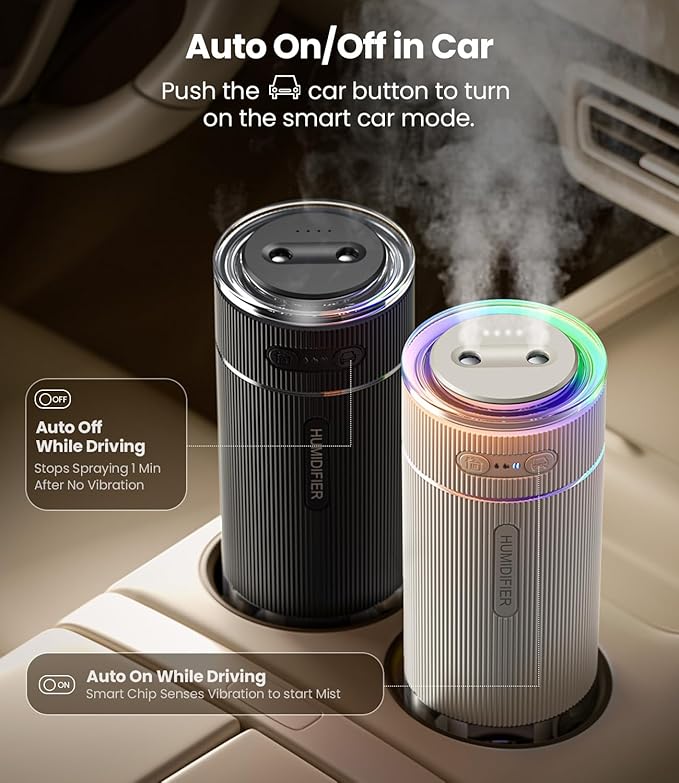 WSKEN Portable Small Humidifier for Bedroom - [Dual Nozzle Large Cool Mist] [Ambiance Lighting] [Car Smart On/Off] Ultrasonic Mini Personal Desk Air Humidifiers for Travel Office Baby Room,Black - Image 6