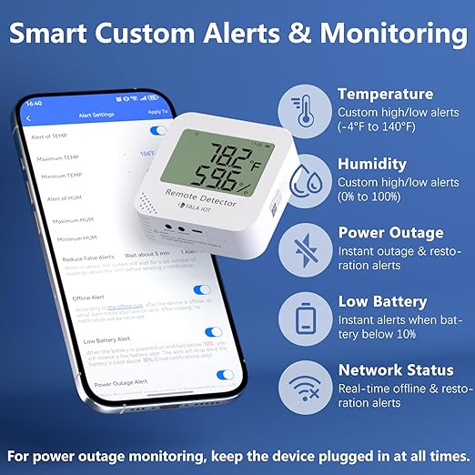 Remote WiFi Temperature & Humidity Sensor, No Subscription 24/7 Remote Temp Monitor with Email, Text Alerts, Sound & Light Alarm, Idea for RV, Pet, Greenhouse, Farm, Freezer, Server Room - Image 2