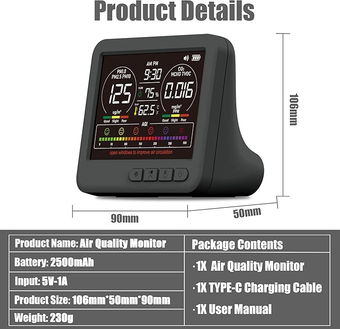Professional Indoor Air Quality Monitor with 7X AQI Alarms,16 in 1 Portable Real-Time Detector for PM2.5 | PM10 | CO2 | TVOC | HCHO | Temp | Hum for Home Cars Plants Pets (Black) - Image 6