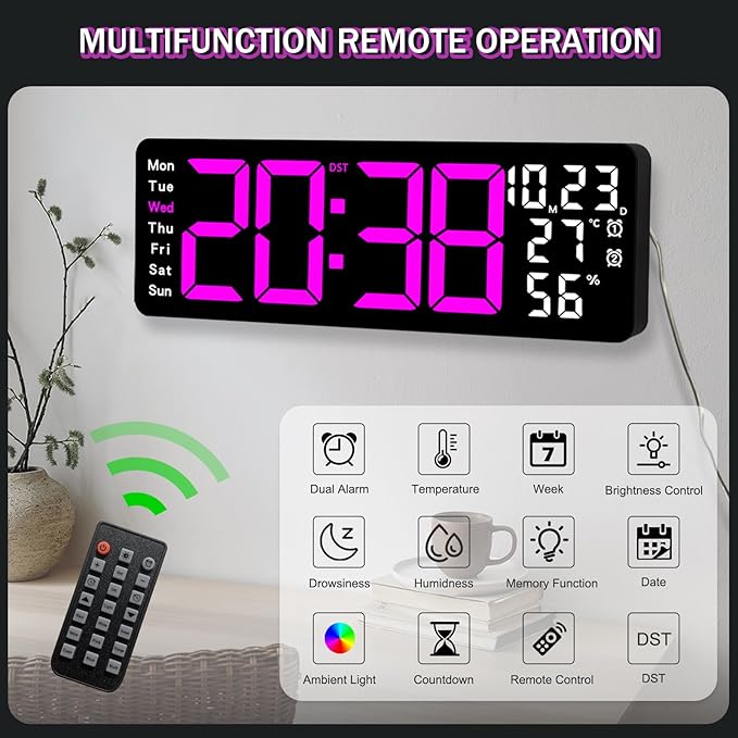 JoFomp 17.3" Large Digital Wall Clock, LED Digital Clock Large Display with Remote Control, Alarm Clock with Temp/DST/Dimmer/Humidity/Timer/Ambient Light - 12/24H, Alarm Wall Clock for Bedroom - Image 4