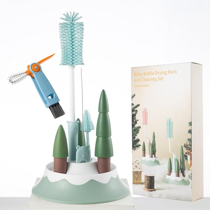 Chemimoso Baby Bottle Drying Rack and Cleaning Set, with Straight Silicone Baby Bottle Brush, Pacifier Brush, Straw Brush, Cup Lid Cleaning Brush, 2025 Xmas Holiday Surprise Gift for Newmom, Z Blue by Unknown