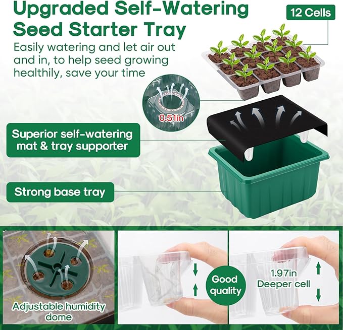 BlumWay Self-Watering Seed Starter Tray Kit with Grow Light and Humidity Dome,3 Color Growing Light,5-Pack 60-Cell Plant Seedling Tray,Reusable Plastic Germination Trays,Timed Light Plant Starter Set - Image 3