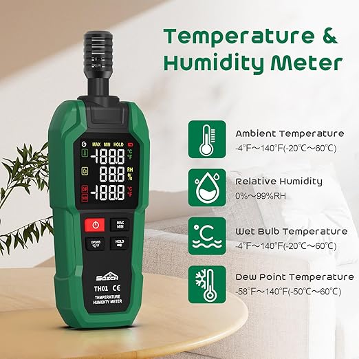 Temperature Humidity Meter, SQECH Digital Hygrometer with Ambient Thermometer,Dew Point,Wet Bulb,Flashlight,Max/Min,Data Hold,High Precision Psychrometer Monitor with Color Backlight for Home HVAC - Image 2
