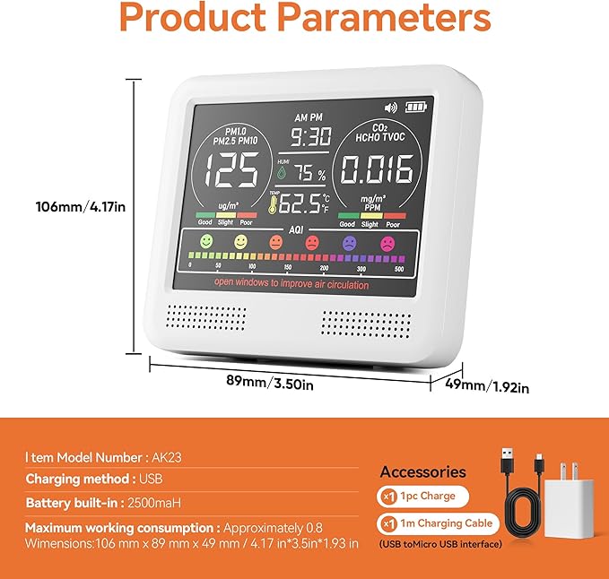 16-in-1 Indoor Air Quality Monitor with PM1.0,PM2.5,PM10,CO2,HCHO,TVOC,Temperature,Humidity,Time Display &7 AQI Alarms – Professional Air Quality Tester for Home, Office & Indoor Use (Milky White) - Image 8