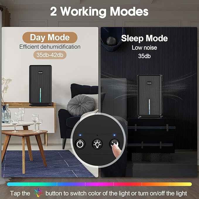 Dehumidifiers for Home, Upgraded 101OZ Dehumidifier (800 sq.ft), Quiet Dehumidifier for Basement, Bedroom, Bathroom, RV, Closet with Auto-off, Sleep Mode, 7 Colorful LED Light, Small Portable, Black - Image 3