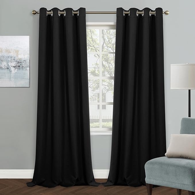 MYSKY HOME Black Curtains for Living Room and Bedroom - 90 Inch Long Grommet Window Curtains, Room Darkening, Thermal Insulated Single Panel, 52 x 90 Inch by MYSKYHOME