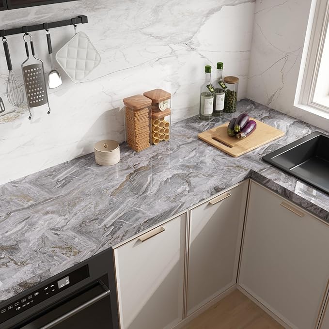 CRE8TIVE Slate Grey Gold Marble Wallpaper Peel and Stick Glossy Marble Contact Paper for Countertops Waterproof 12"x354" Thick Self Adhesive Removable Wallpaper for Bathroom Bedroom Cabinets Shelves - Image 3