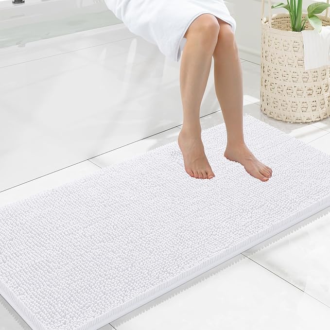 Smiry Luxury Chenille Bathroom Rugs 47x20, Extra Soft and Absorbent Shaggy Bath Mat, Machine Washable, Non-Slip Plush Carpet Runner for Tub, Shower, and Floor, Home Decor Accessories, White by Smiry