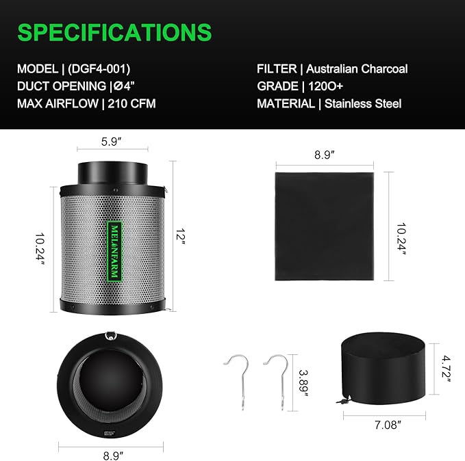 MELONFARM 6" Air Carbon Filter Smelliness Control with Australia Virgin Charcoal, Odor Removal Carbon Filter for Grow Tent, Inline Fan, Hydroponics, Pre-Filter Included, Insulated Flange 6" x 11.8" - Image 6