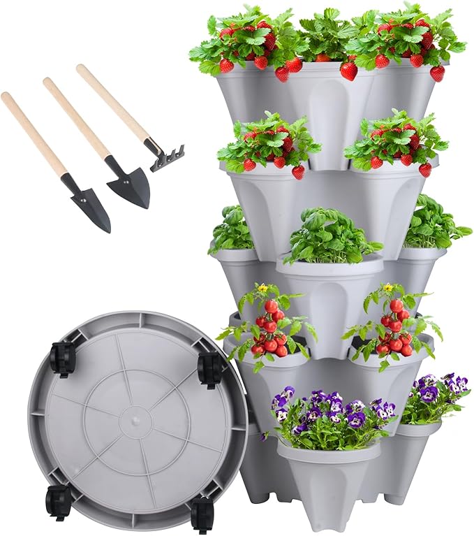 DUNCHATY Stackable Planter, Vertical Garden Planter with Wheels and Garden Tools, Strawberry Planter Indoor/Outdoor 5 Tier Herb Planter Pots for Growing Vegetables and Succulents,Gray by DUNCHATY