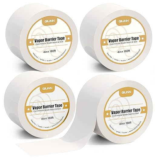 Vapor Barrier Tape 4 Rolls, 4" Wide x 180' Long Moisture Barrier Tape, 9 mil White polyethylene Tape, Moisture Sealing and Seams for Crawl Spaces, Vapor barriers, Marine, Insulation by GIUNN