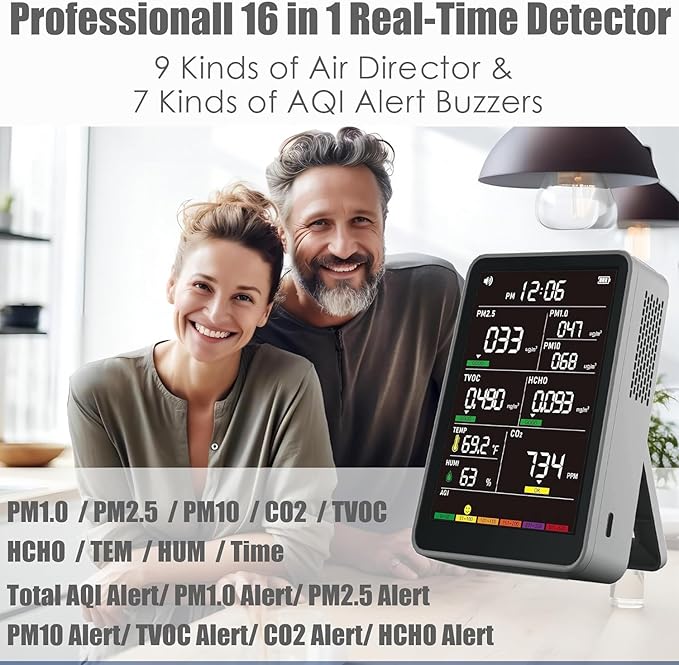 Professional Indoor Air Quality Monitor with AQI, Portable Real-Time Detector for Home Cars Plants and Pets (Smog Gray) - Image 2