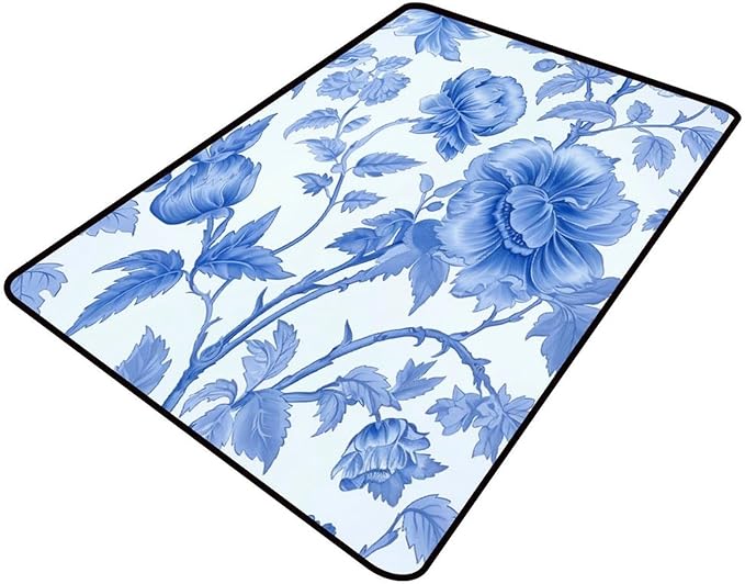 Vintage Blue Peony Design Printed Rug - Foldable Area Rug for Living Room/Bedroom - Fade, Flame, and Stain Resistant, Quick Dry, Waterproof Floor Carpet, 36 x 60 Inch, L-2312-102_90x155 by Snarena