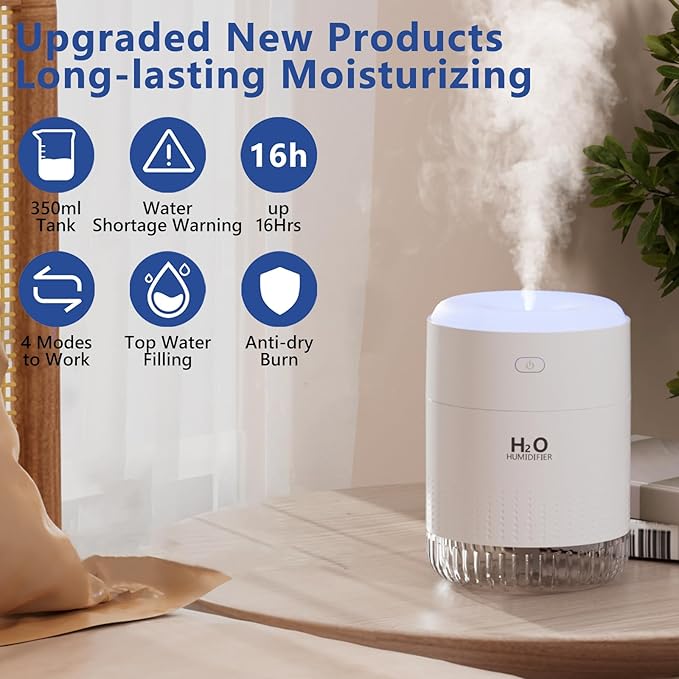 SZO Portable Mini Humidifier, 500ML USB Personal Cool Mist Humidifiers for Bedroom Office Travel Desk, Whisper Quiet 20dB with 2 Mist Modes & Auto Shut-Off, Small Desktop Humidifier (White) - Image 3