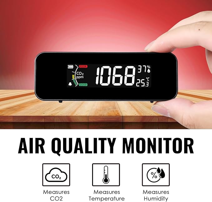 CO2 Monitor CO2 Meter Detector, Rechargeable Indoor Air Quality Monitor with CO2 Alarm, LCD Display, NDIR Sensor, Temp & Humidity Measurement, 3 Color Indicator for Indoor, Home, Office, School - Image 2