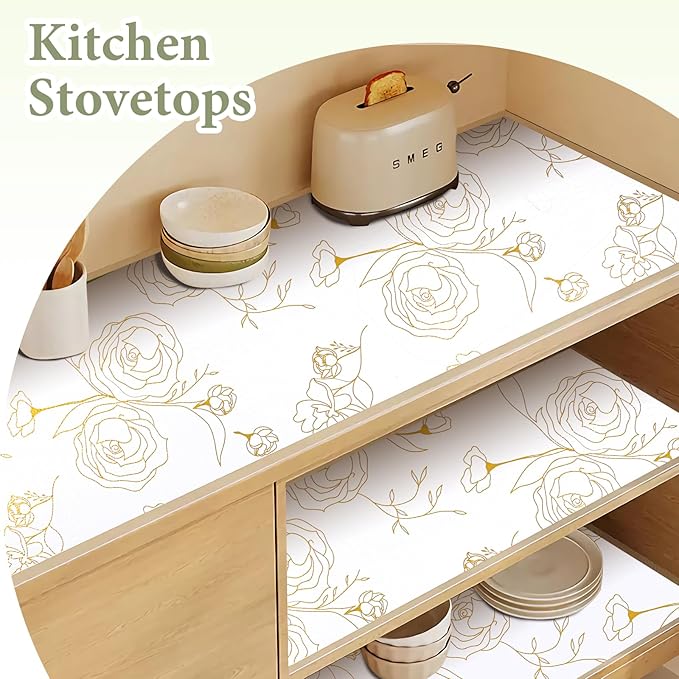 Shelf Liners for Kitchen Cabinets Non Adhesive Drawer Liner 23.6in x 30FT Gold Floral Thickened Shelf Liner Paper Strong Non-Slip Easy to Clean for Tool Box Refrigerator - Image 3