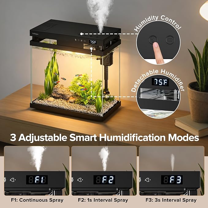 Fish Tank, 2.2 Gallon Glass Aquarium, Small Fish Aquarium Kits with Smart Humidifier, Auto Feeder, Silent Water Pump, Temperature Display & 7-Color Lighting, for Office & Home - Black - Image 5