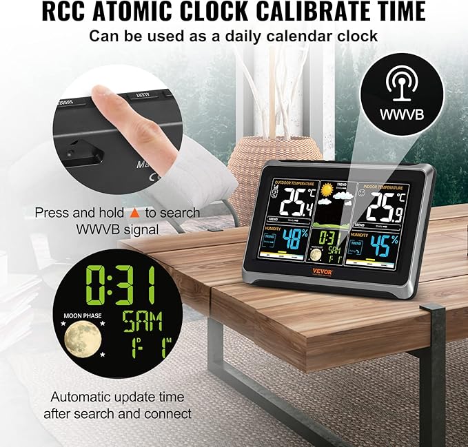 VEVOR Weather Station Indoor Outdoor, 7.5 in Color Display, Wireless Digital Home Weather Station, with Sensor Atomic Clock Adjustable Backlight Forecast Data Calendar Alarm Alert Temperature-NO WiFi - Image 3