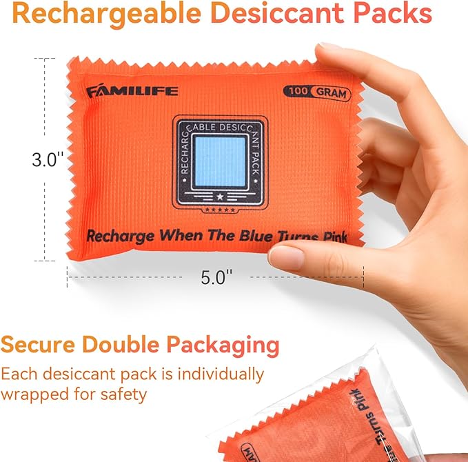 FAMILIFE 100g Rechargeable Desiccant Packs for Storage, Reusable Dehumidifier Bags Color Indicating Silica Gel Packets Portable Moisture Absorbers for Storage Bins, Car, Closet, Gun Safe, Electronics - Image 2