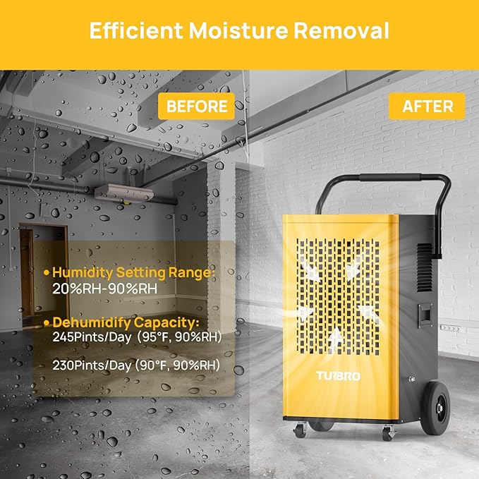 TURBRO 245 Pint Commercial Dehumidifier with Pump and Drain Hose, for Large Spaces, Rolling Wheels, Faster Defrost, for Basements, Warehouses, Flood Restoration, Industrial Sites - Image 2