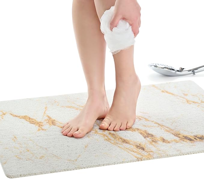 Enkosi Loofah Non-Slip Shower Mat - Shower Floors, Bathtub, Bathrooms, Wet Areas - Cushioned Bath Mat with Drain Holes - Quick Dry PVC, Secure Safety Pad Without Suction Cups (32x24 Marble Gold) by ENKOSI
