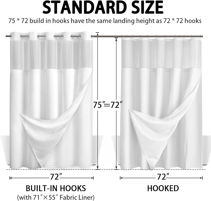 No Hook Shower Curtain and Liner Set,White Hotel Waffle Shower Curtain with Liner 75" L x 72" W - Image 6