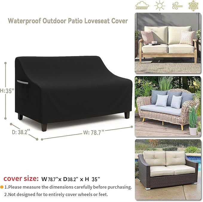 Waterproof Patio Loveseat Cover, 78.7W x 38.2D x 35H inches Heavy Duty 600D Weather-Resistant Outdoor Furniture Protector Black - Image 2