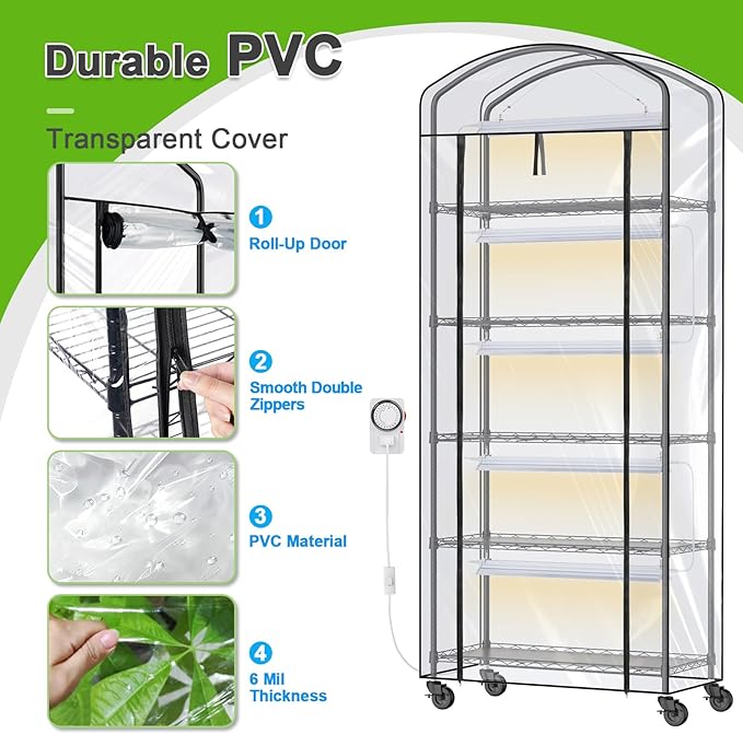 Abimars 5-Tier Greenhouse with Grow Light, Shelf Height Adjustable Metal Plant Shelf with PVC Cover and Wheels, Includes 5-Pack 2900K Full Spectrum Plant Lights, 13x29x73inch - Image 6