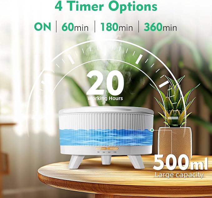 20-Hour Long-Lasting Aromatherapy, 500ML Large Essential Oil Diffuser: Ultrasonic Cool Mist Humidifier with Remote Control, 7 Color Lights, Timer, Auto-Off for Home/Bedroom/Yoga (Minimalist White) - Image 6